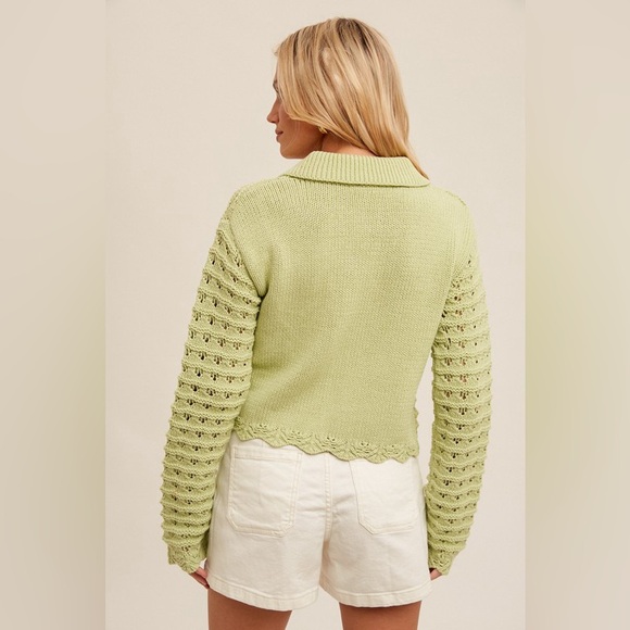 Green patchwork knit spring lace crochet eyelet boho cardigan ribbed sweater - Picture 4 of 8